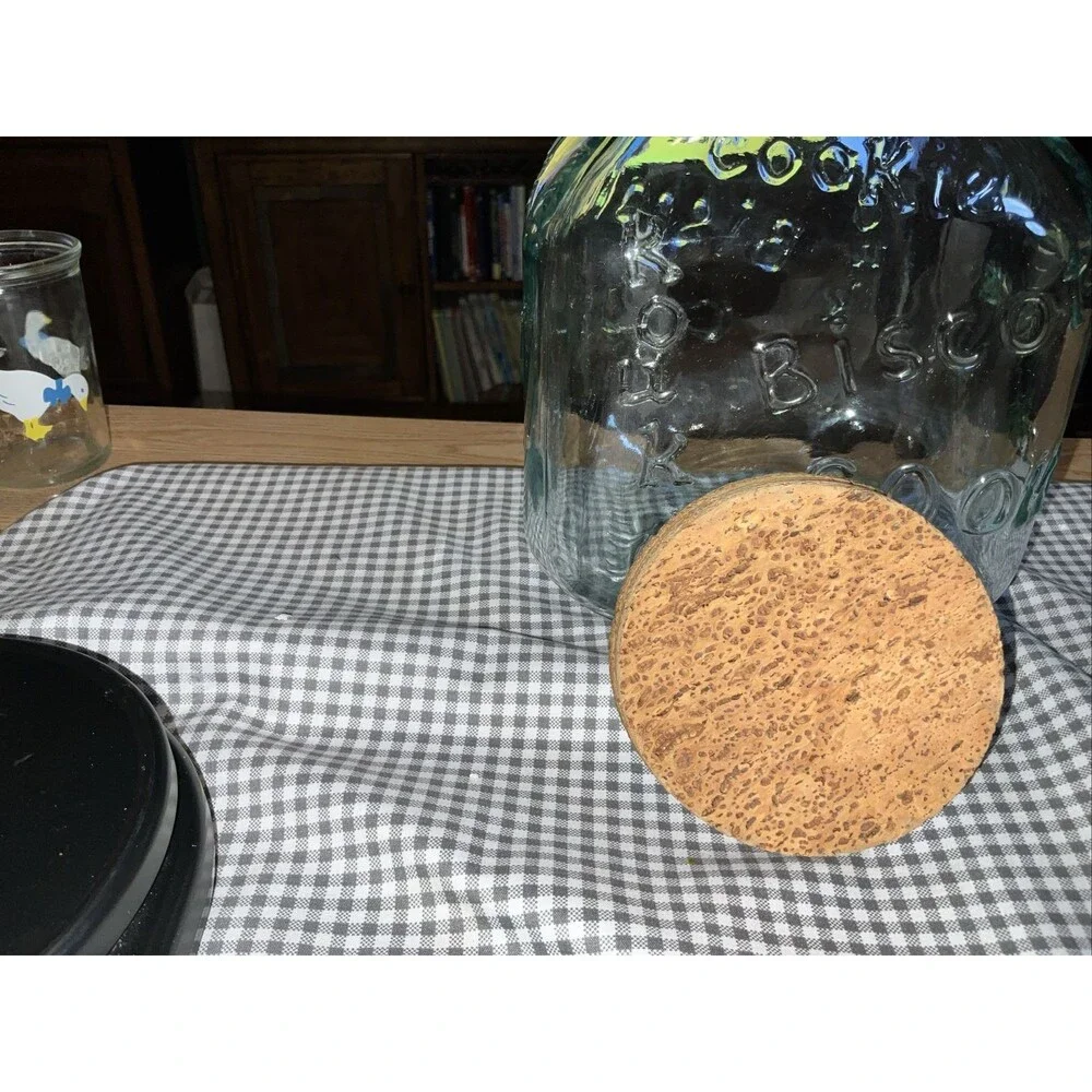 Green Glass Vintage Cookie Biscoutti Kouk Biscuit Jar  Cork Top Very Heavy New